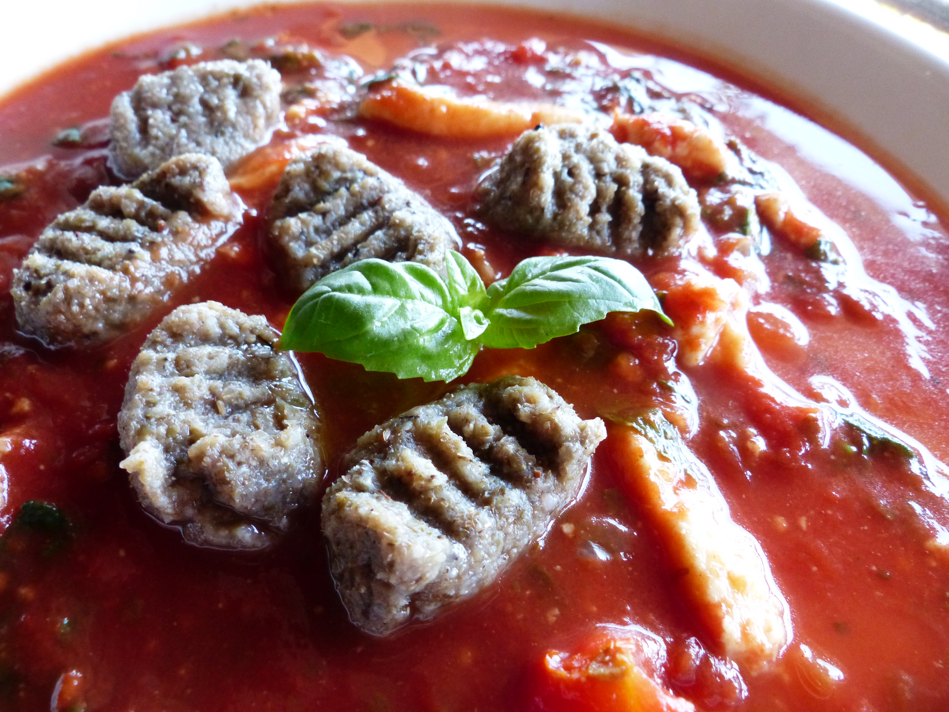 <p>Flechten-Gnocchi à la Gnocchi Caprese in warmer Tomatensauce mit eingerührtem Mozzarella und Basilikum.</p>